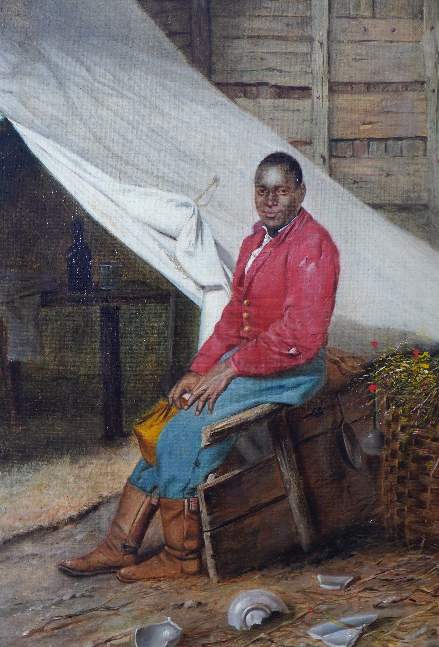 English School, 19th/20th century, Study of a seated gentleman in an interior besides broken pottery